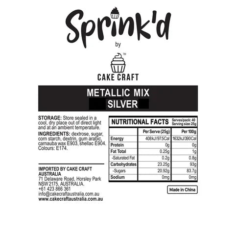 Sprink'd by Cake Craft metallic mix silver label with nutritional facts and branding.
