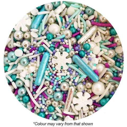 Assorted frosted cake sprinkles in blues, purples and white