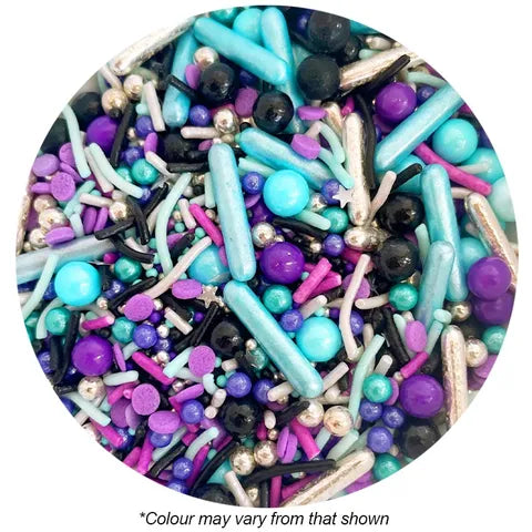 Colorful cake sprinkles mix with blue, purple, black, and silver