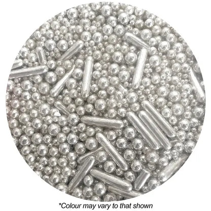 Silver sprinkles with pearls and rods shapes on a white background