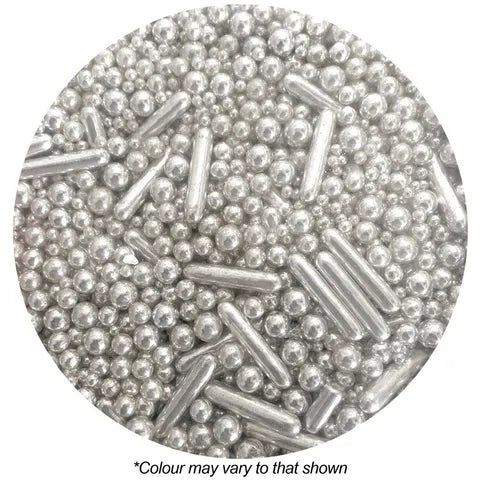Silver sprinkles with pearls and rods shapes on a white background