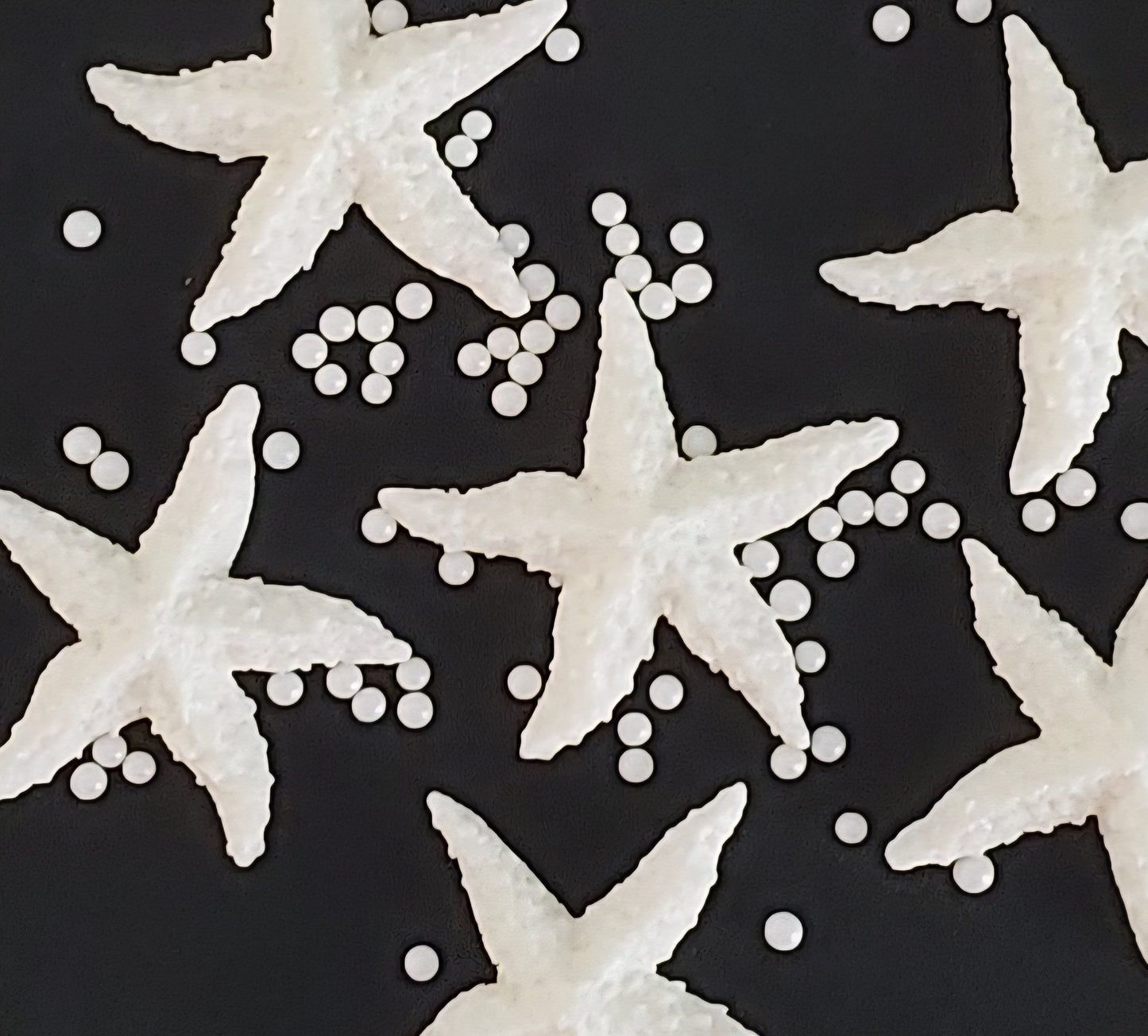 six white starfish, edible fondant icing cake decorations with sugar pearls