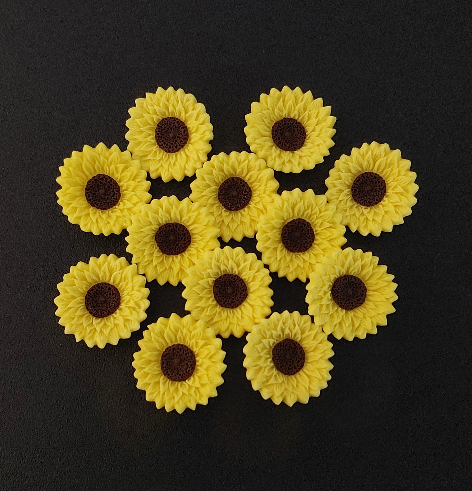 twelve yellow sunflowers, edible icing cake decorations